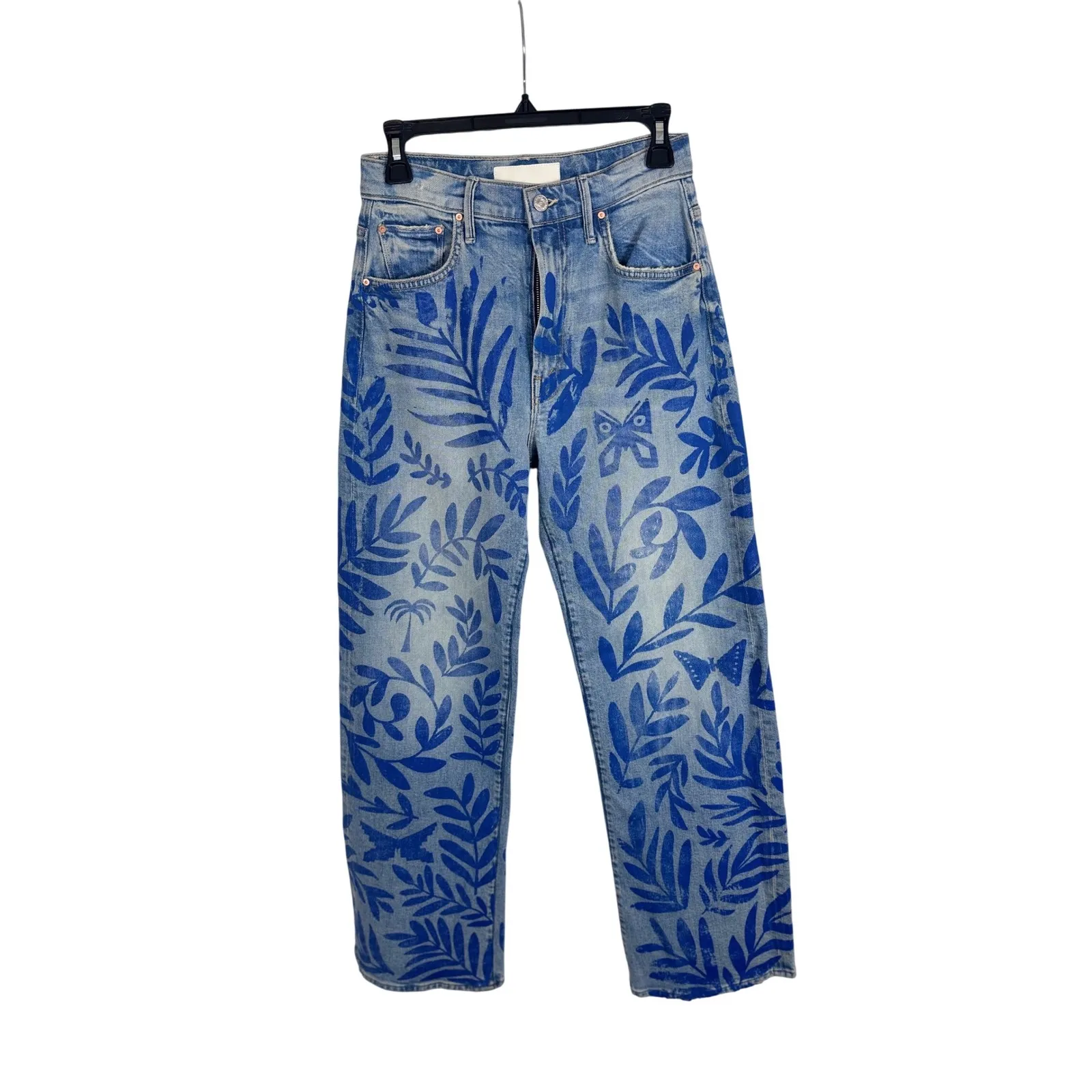 MOTHER Superior Wide Leg Jeans Blue Leaf Butterfly Print Light Wash size 26‎ - Image 6