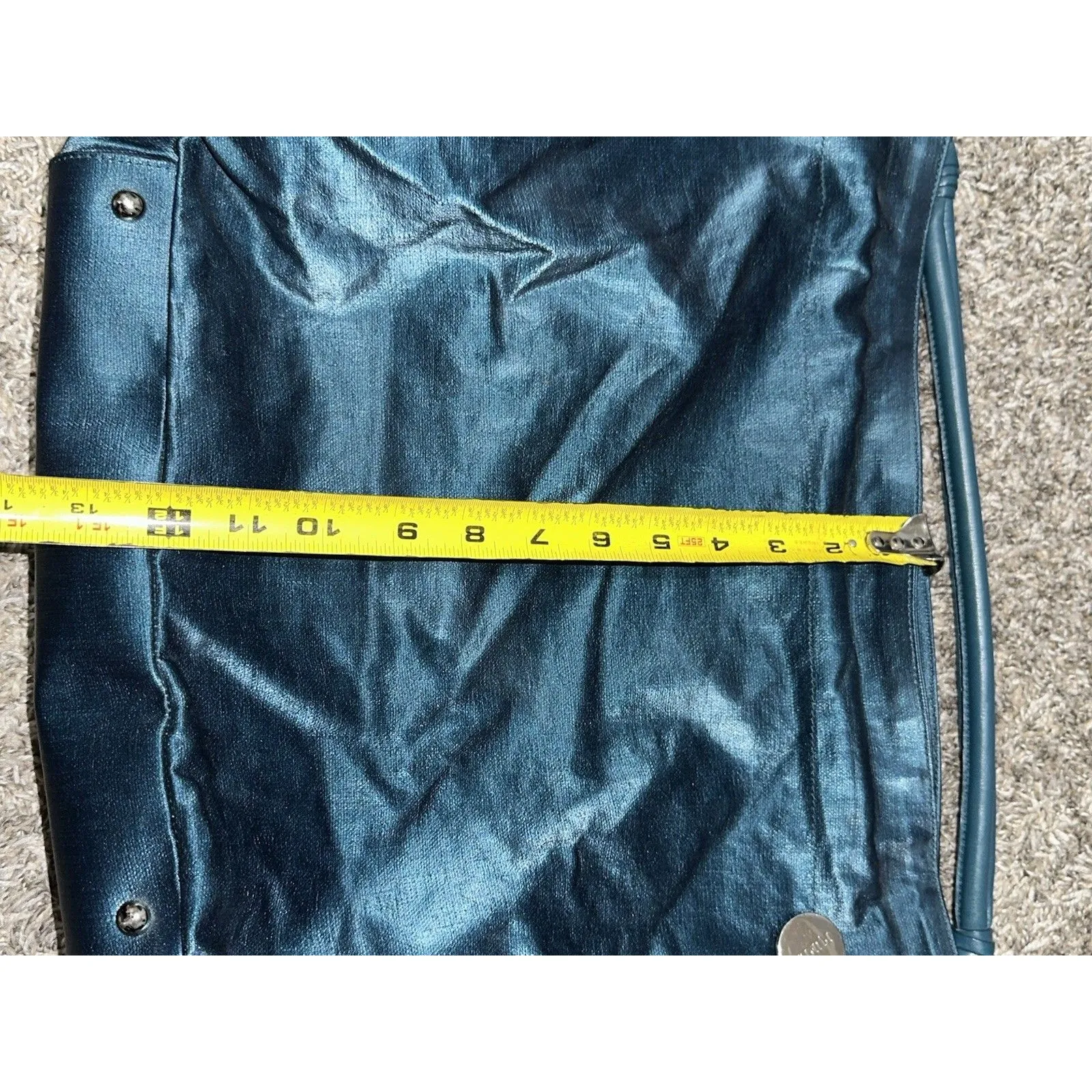 Vintage Furla Large Teal/Petrol Blue Iridescent Leather Shoulder Bag Hobo Tote - Image 3