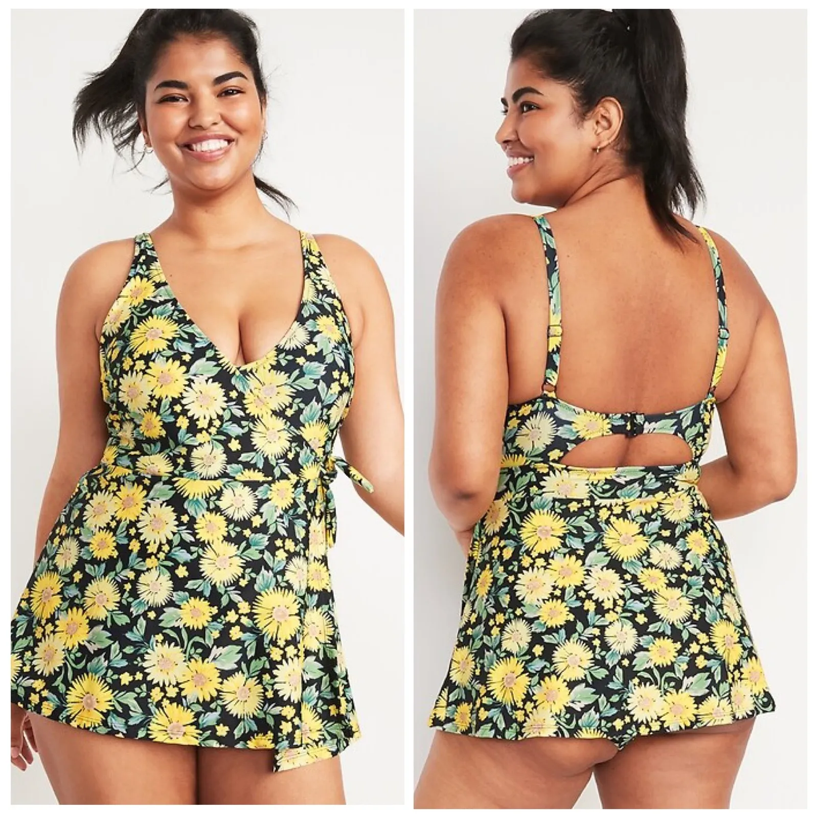 Old Navy Women Floral Wrap Swim Dress One Piece Black Yellow Sunflowers Size L - Image 2