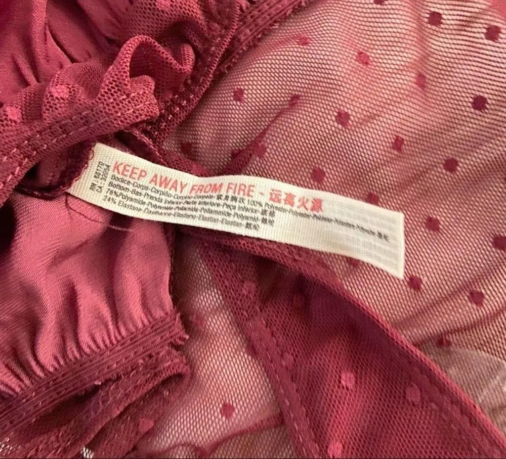 Free People Red Burgendy Wine Flowy Boho Silky Long Sleeve Boho Bodysuit Sz L - Image 16