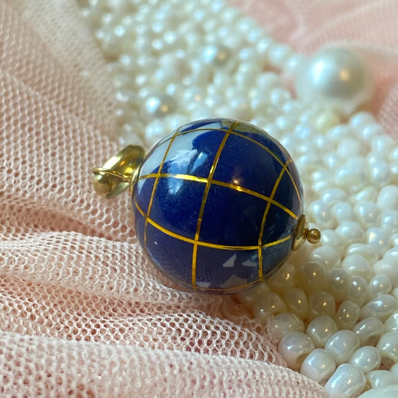 14k Gold Globe Charm Pendant Lapiz Lazuli Vintage Travel Unique Nautical World Blue - Image 3