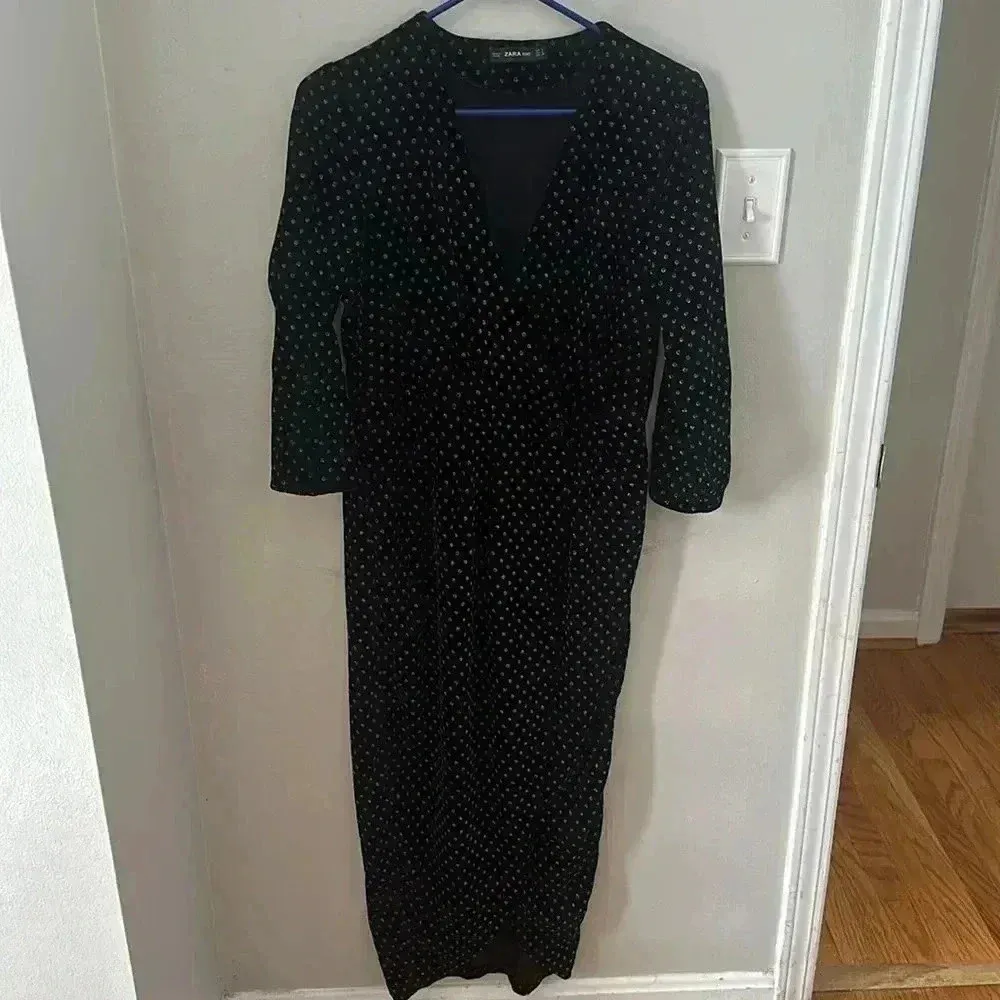 ZARA KNIT Wrap Velvet Black Silver Dress Polkadot 3/4 Sleeve Sz small - Image 3
