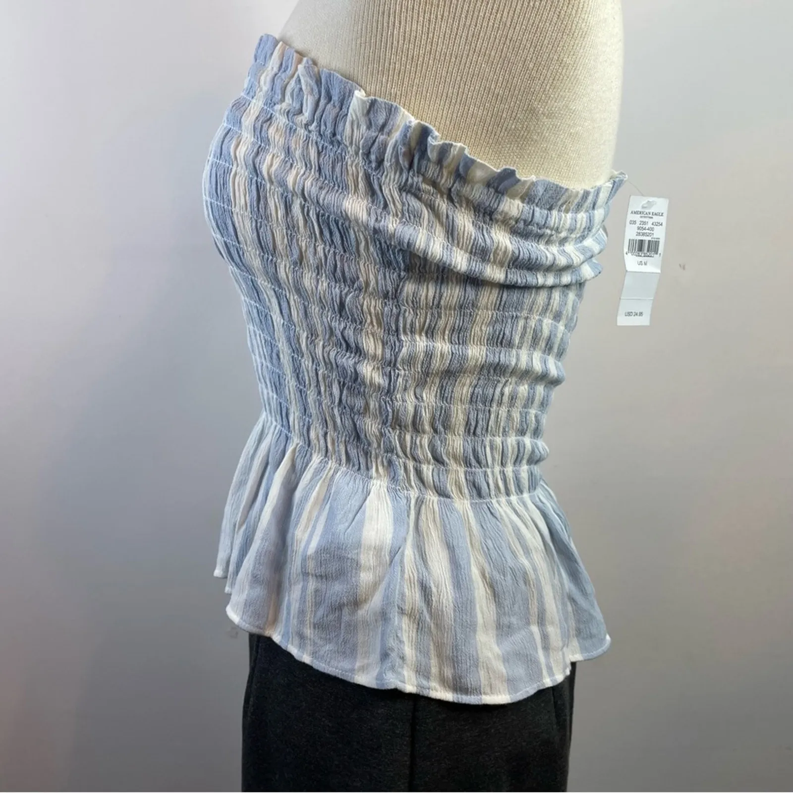American Eagle Blue Stripe Smocked Ruffle Sleeveless Peplum Tube Top shirt M new - Image 7