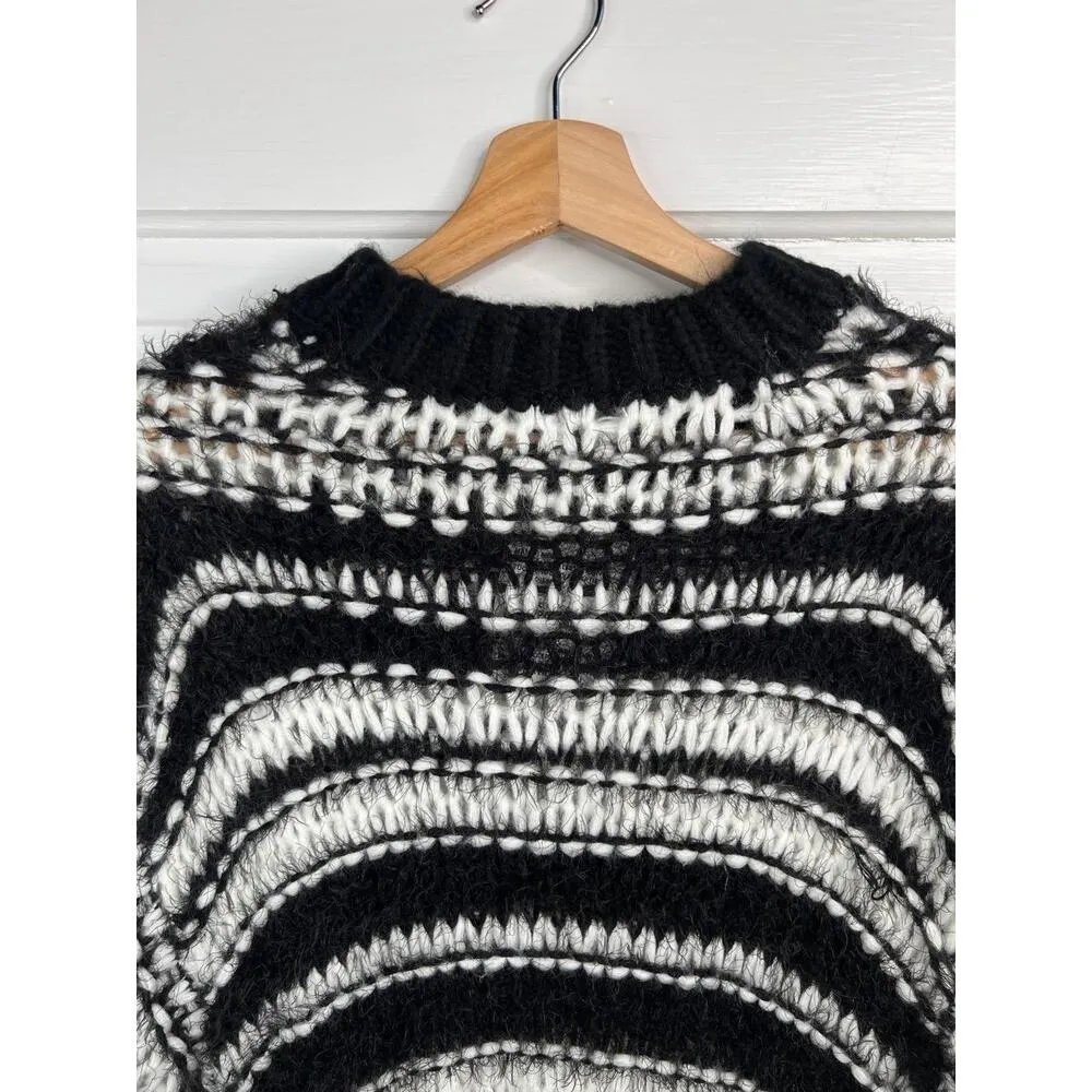 Topshop Black White Striped Crew Neck Fuzzy Chunky Knit Sweater Sz XS Oversized - Image 7