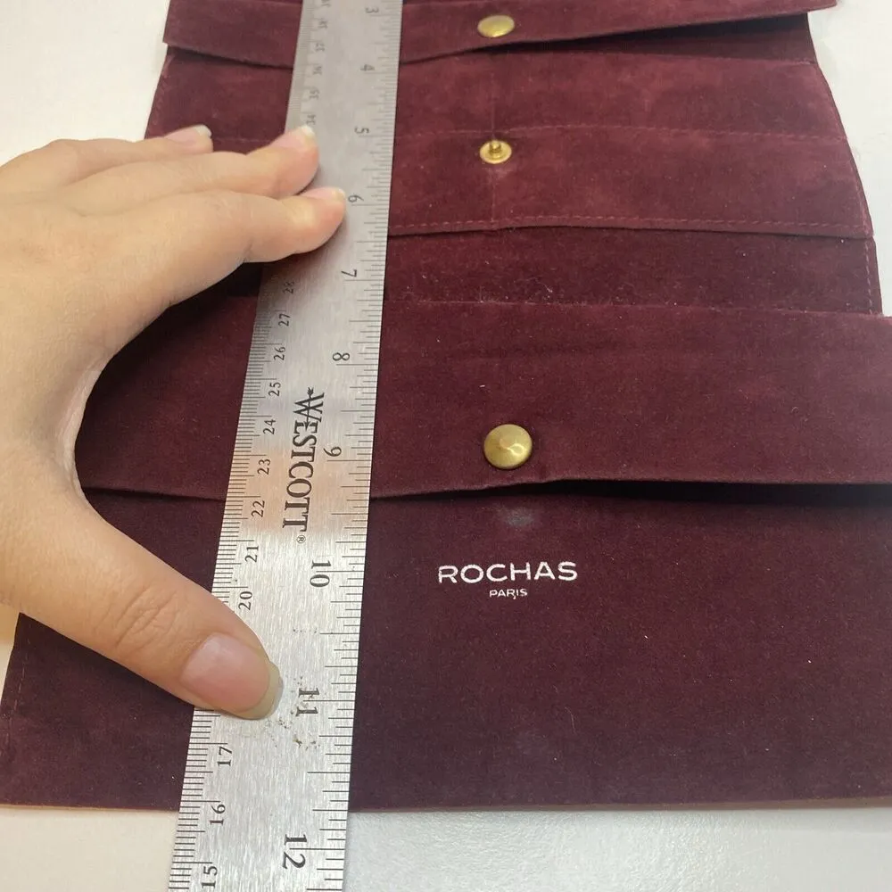 Rochas Paris Vtg Velvet Makeup Accessory Bag Burgundy Leather Interior France Red - Image 8