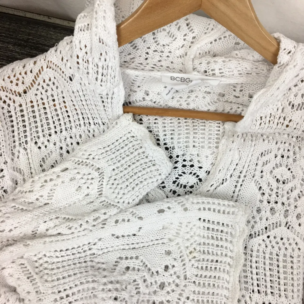 BCBG White Sheer Crochet Hoody Long Sleeve Knit SweaterTop M/L - Image 4