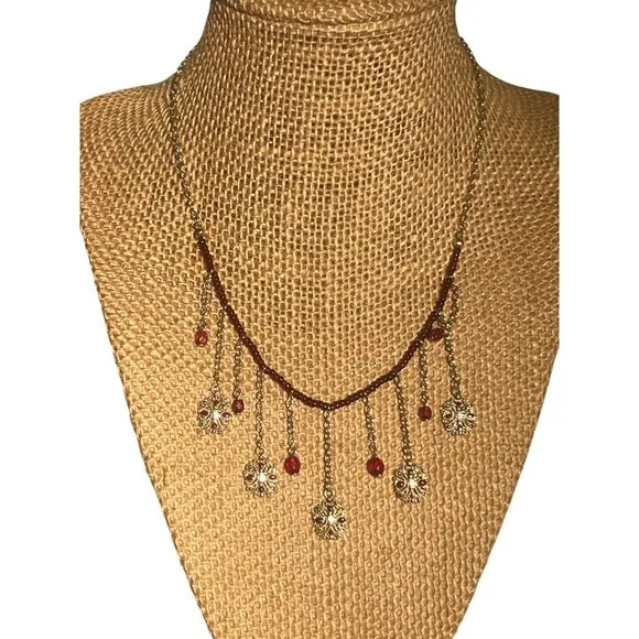 Gold Tone Necklace Red Seed Beads Dangling Floral Charms Choker Collar Boho 15" - Image 2