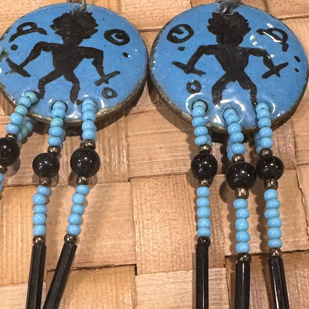 824. Enamel glass Turquoise & Black Agate Silver earrings Handmade on Maui - Image 2