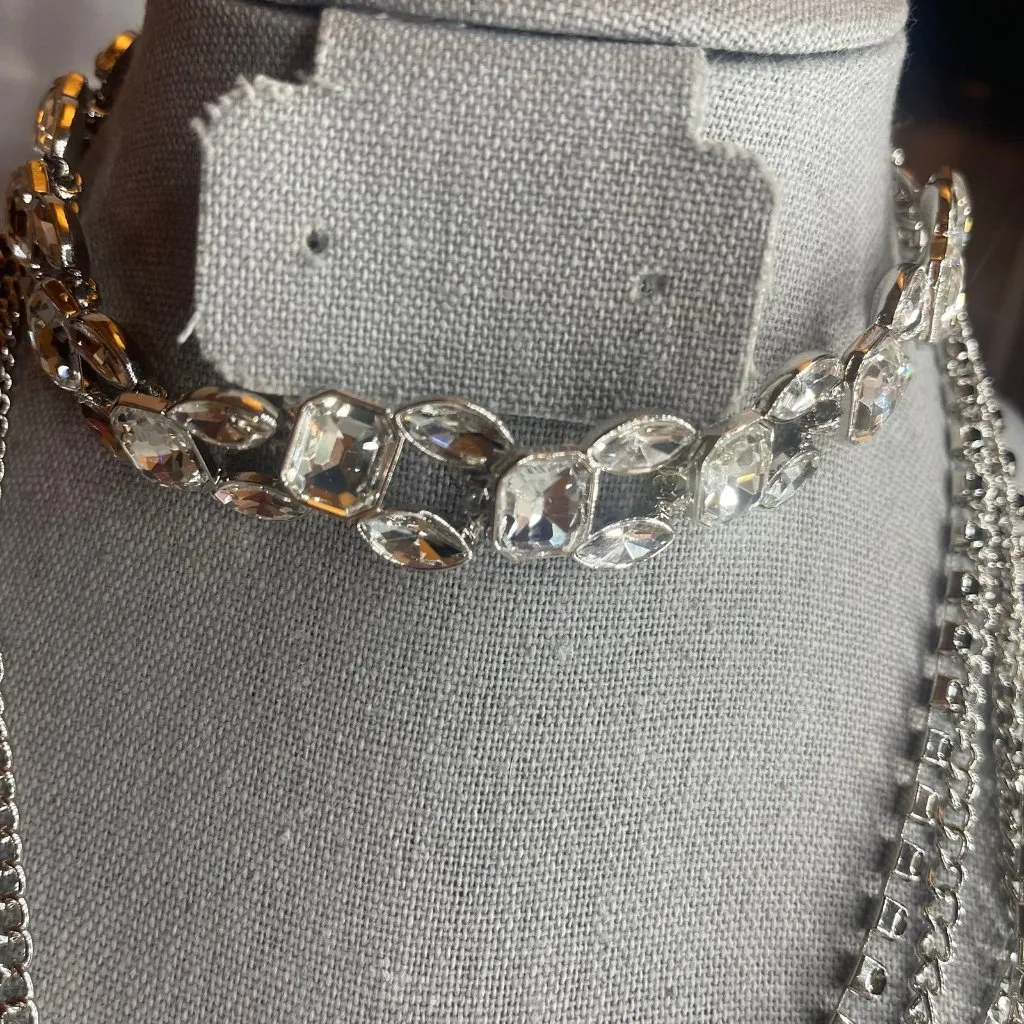 Silver & Black Layered Chain Necklace with Crystal Accents unmarked unbranded - Image 6