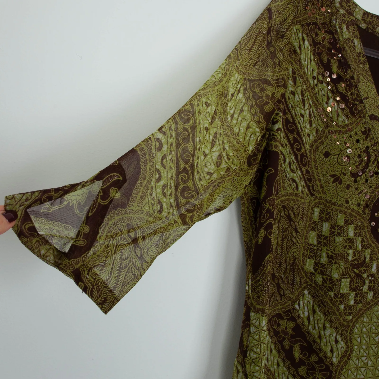 Bob Mackie Womens Art To Wear Silk V Neck Sequin Top Size 14 3/4 Sleeve Office - Image 6