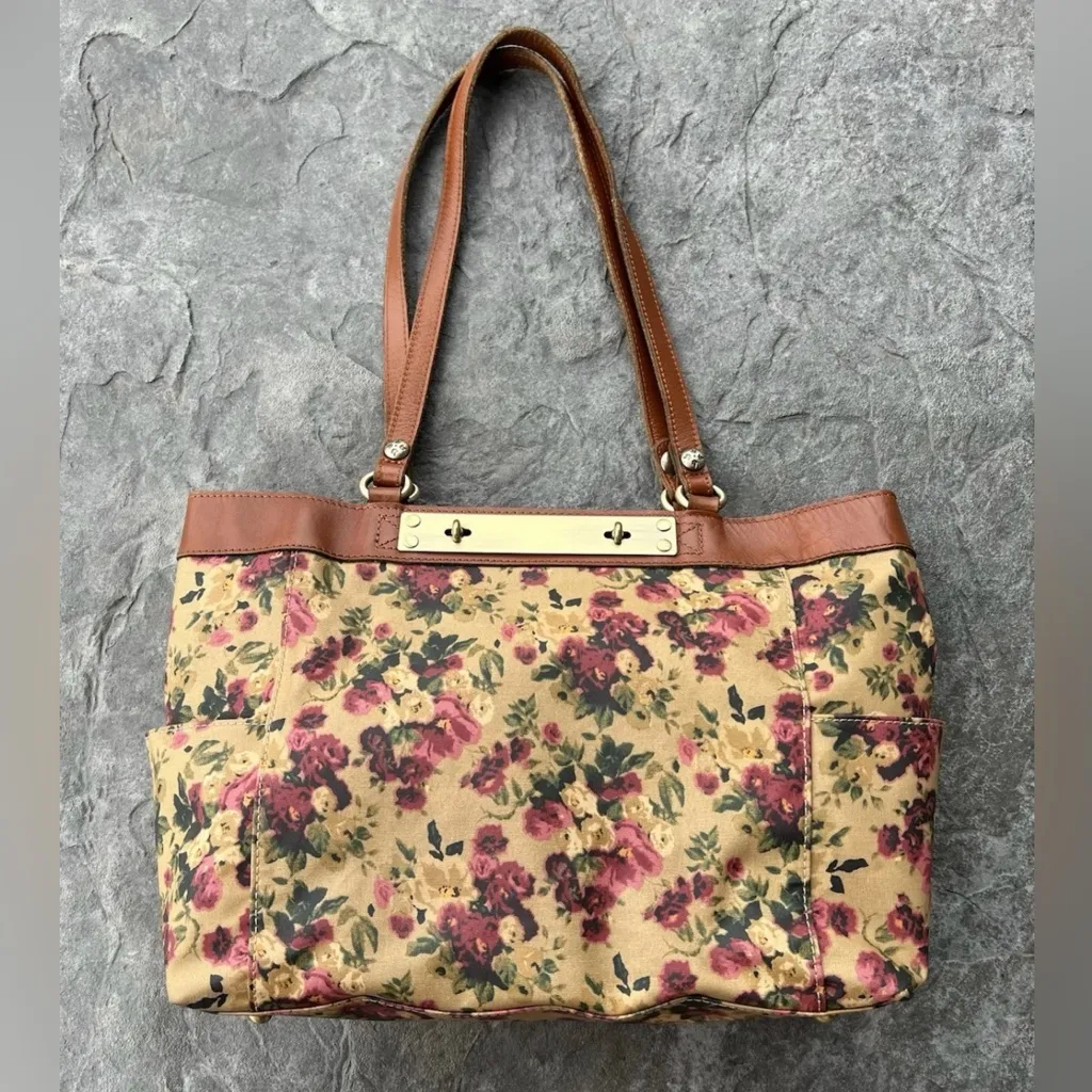 Patricia Nash Antique Rose Coated Linen Canvas Ria Tote Leather Trim Floral Tote - Image 2