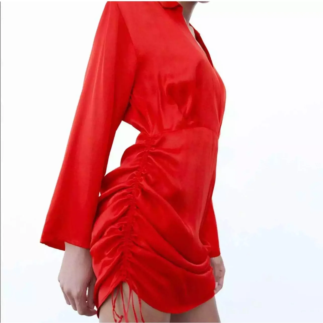 Zara Lipstick Red Satin Finish Mini‎ Dress Adjustable Side Cinching Size XS - Image 2