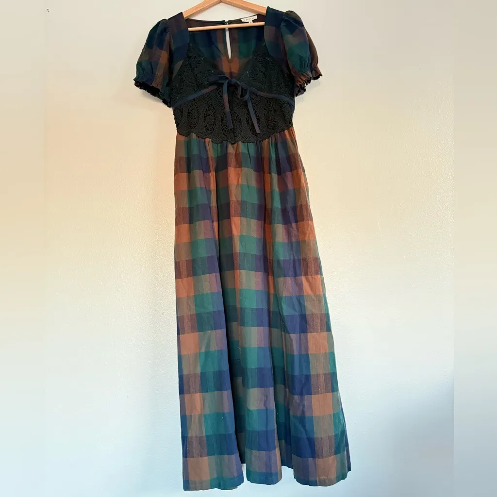 Cottage Country Plaid Lace Puff-Sleeve maxi Dress pockets size M - Image 6