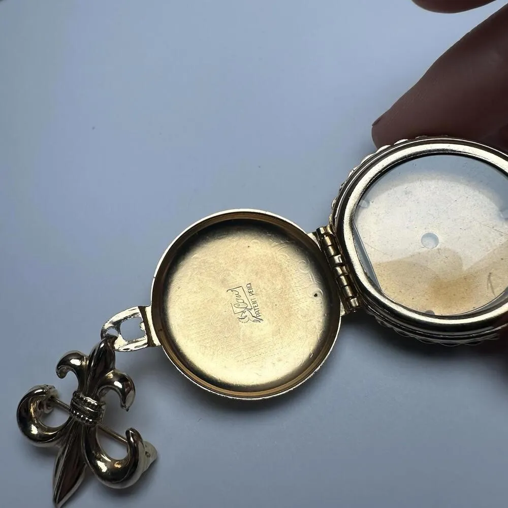 Coro Locket Dange Fleur De Lis Purple Pansy Flower Brooch Pin Gold Tone Vintage - Image 15