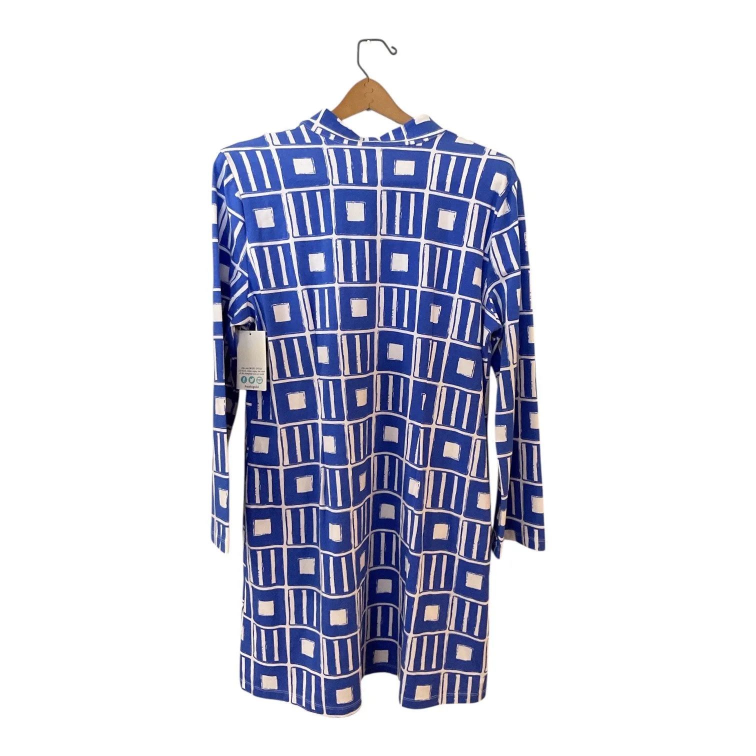 Mahi Gold Blue White Geometric Print V Neck Long Sleeve Tunic Dress X Large. NWT Size XL - Image 3