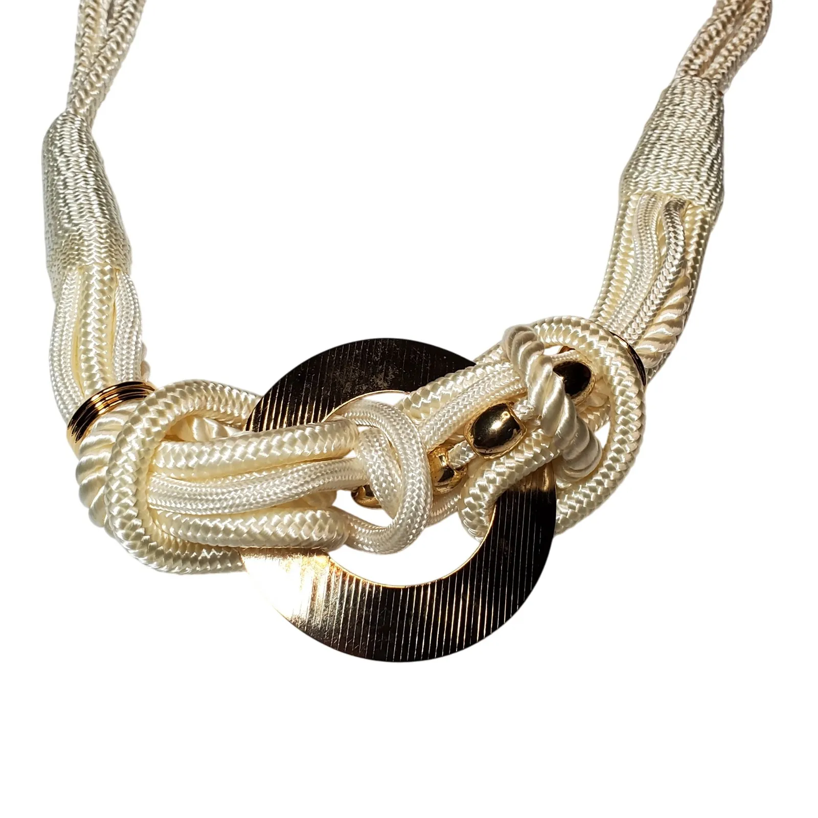 Vintage 80s Braided Cord Belt Size Medium Large Stretch Chunky Medallion 32" White - Image 2