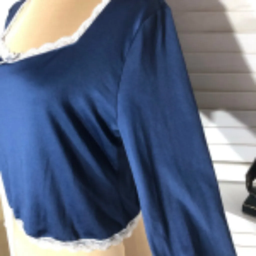 Forever 21 Long Sleeve T-Shirt Lace Trim Bow Detailed Square Neckline Blue sz M - Image 7