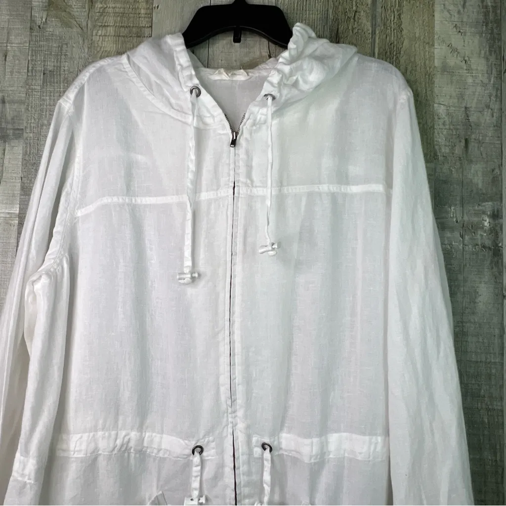 Eileen Fisher XL 100% Irish Linen White Jacket Hooded Zip Front Drawstring Waist - Image 3