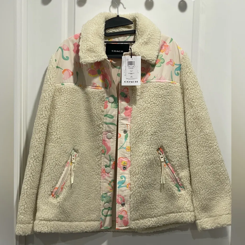 Coach Cream Blocked Floral Teddy Jacket Sherpa Fleece Size S - Image 3