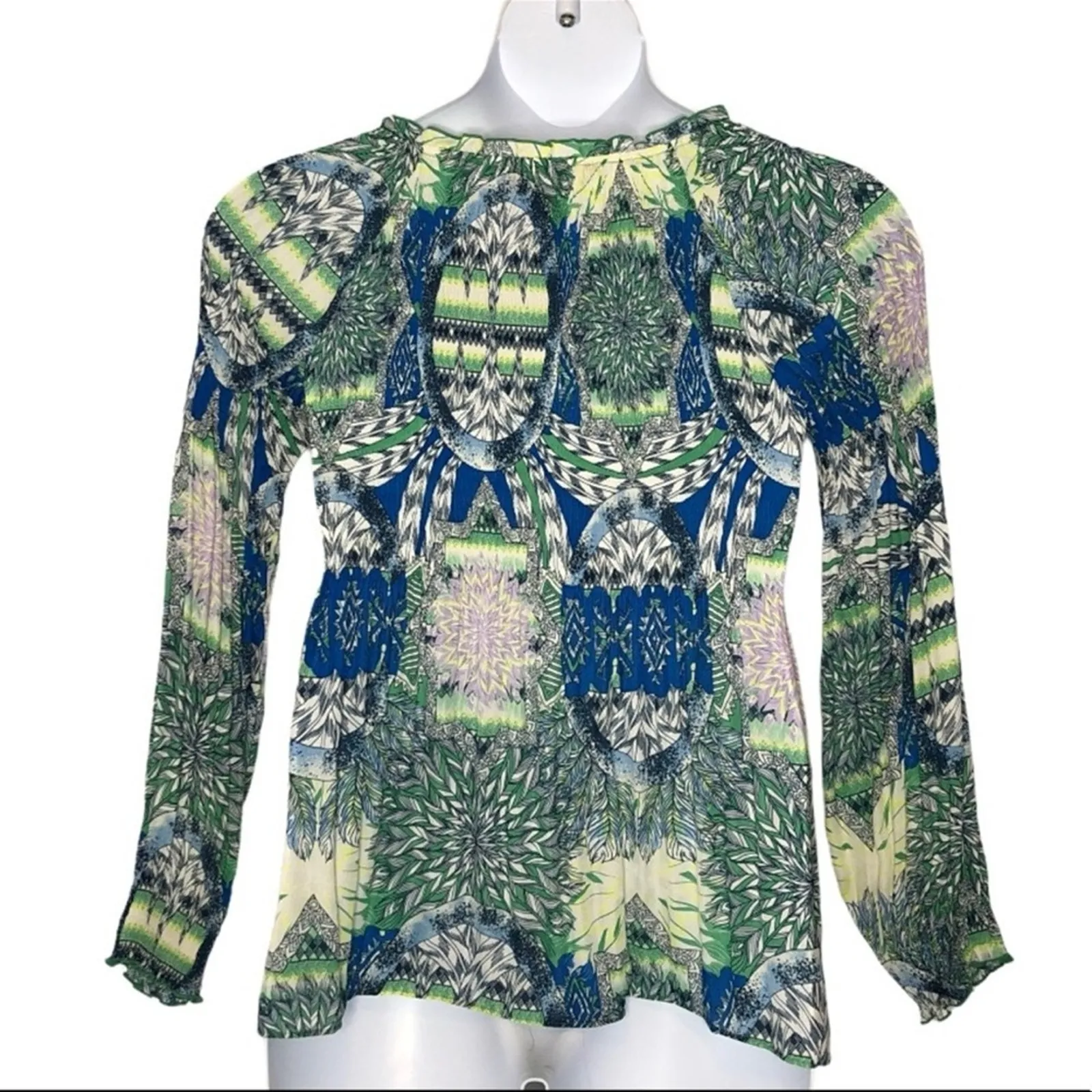 Sharagano Retro Crinkle Babydoll Blouse Blue Green Graphic Long Sleeve S - Image 9