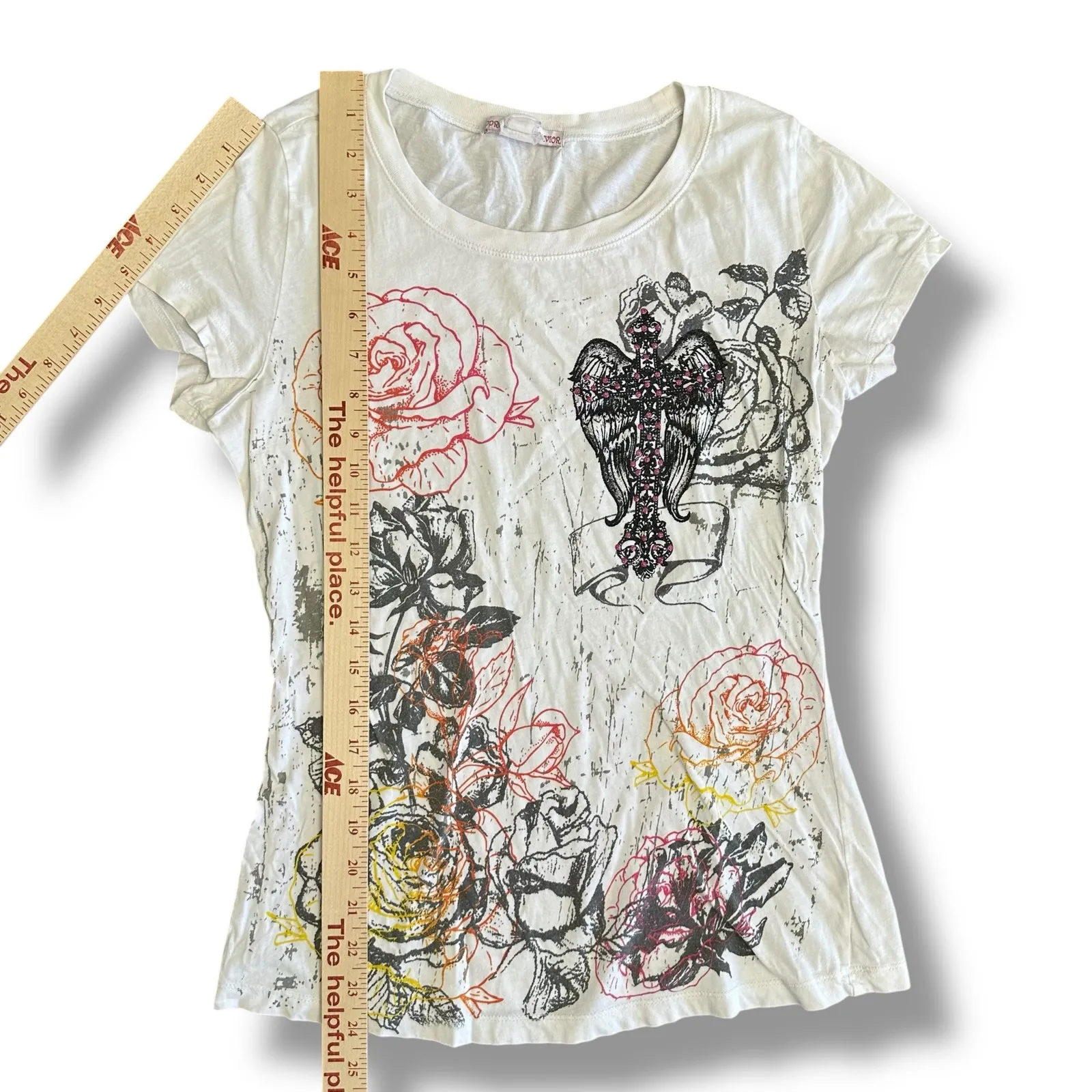 Y2K Graphic Rose Cross Tee Appropriate Behavior White Distressed‎ Glitter S/M - Image 4
