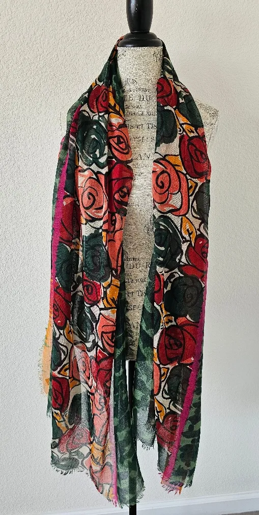 D & Y Multicolor Rose Abstract Print Sheer Wide Scarf Shawl With Freyed Edges Orange - Image 1