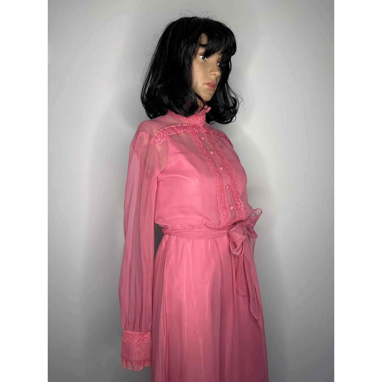 1970s Pink Chiffon Prairie Maxi High Neck Dress Lace Trim LGWD Canada XS - Image 16