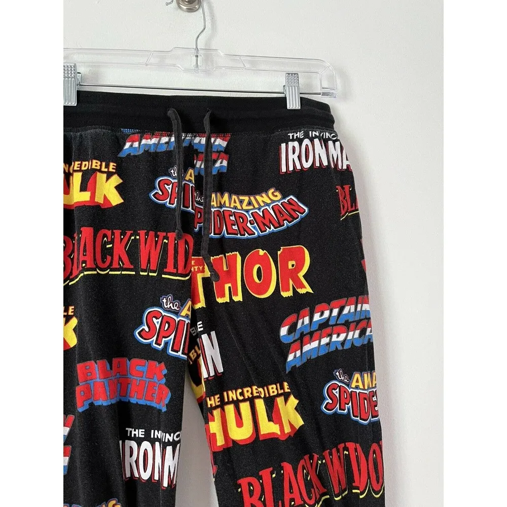 Marvel Black Superhero Logo Print Pull On Cotton Tapered Leg Pajama Pants Small - Image 3