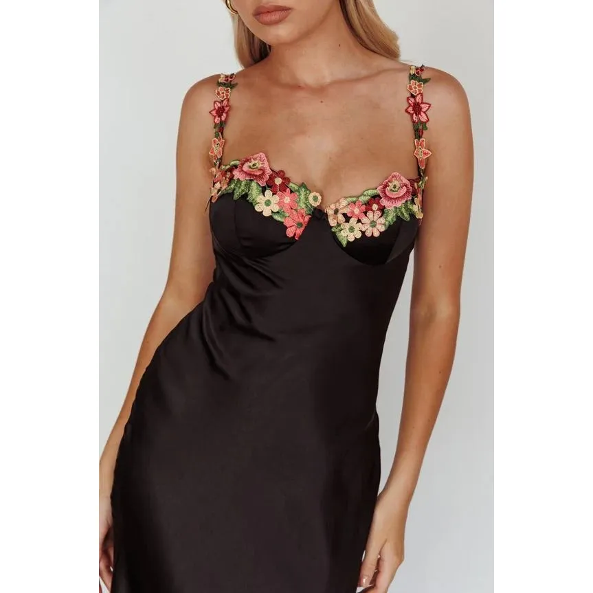 NWT Selfie Leslie Black Floral Embroidered‎ Slip Maxi Dress Gown - Image 2