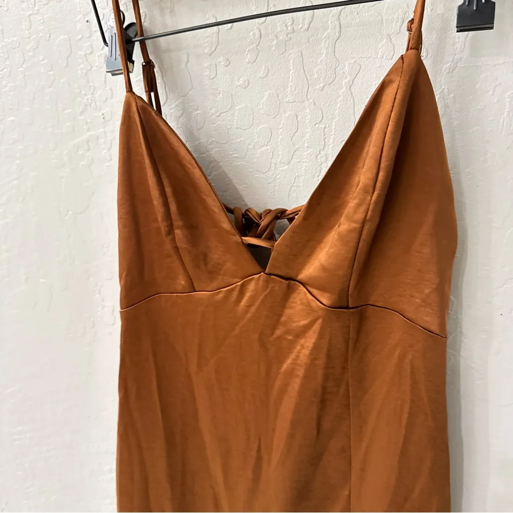 Wild Fable Brown Satin Slip Dress MIDI Adjustable Strap Side Slit Dress M - Image 3