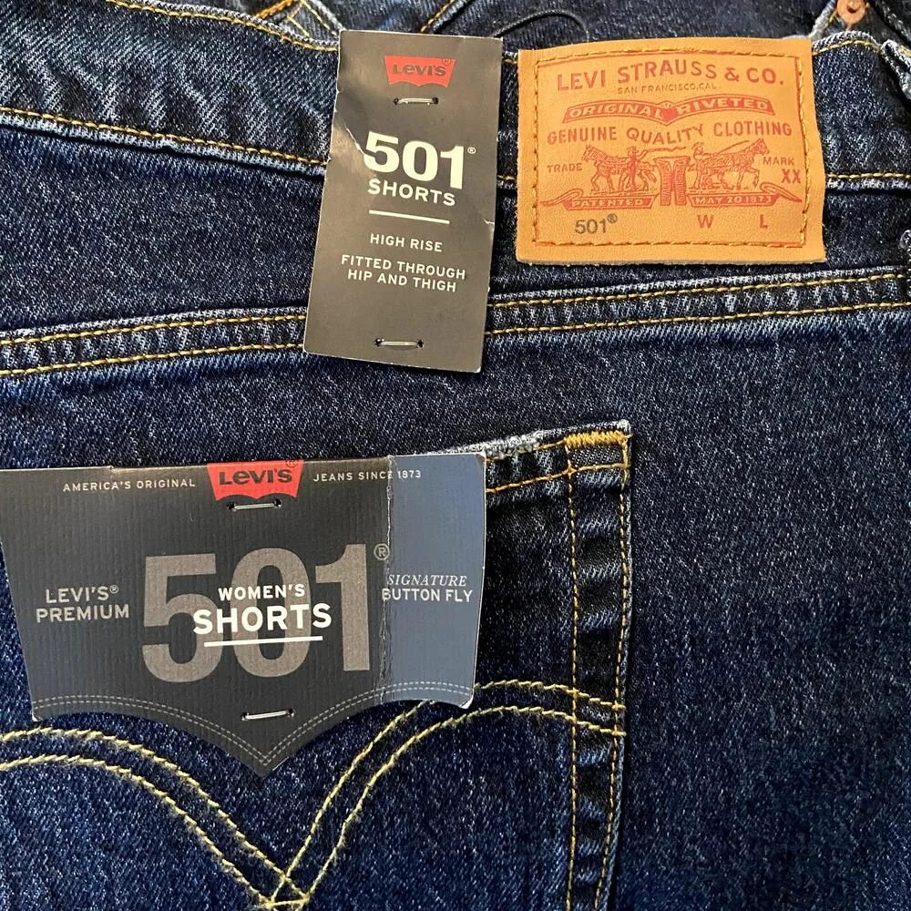 Levi's 501 Shorts Button Fly Mid Thigh High Rise Fray Hem Dark Wash 22W NWT - Image 5