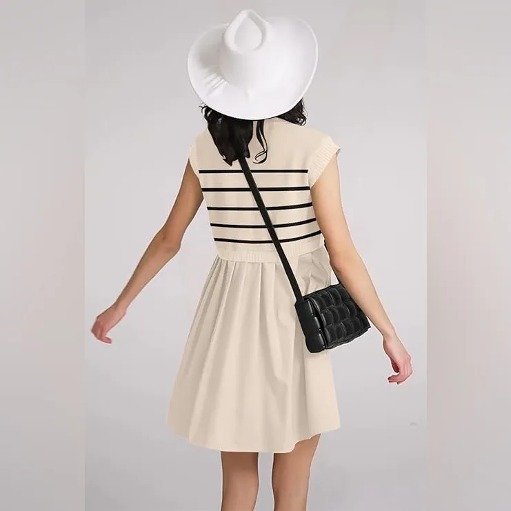 Womens Dresses Striped Knit Top Pleated Loose Swing Mini Short Sleeve Dress S White - Image 13