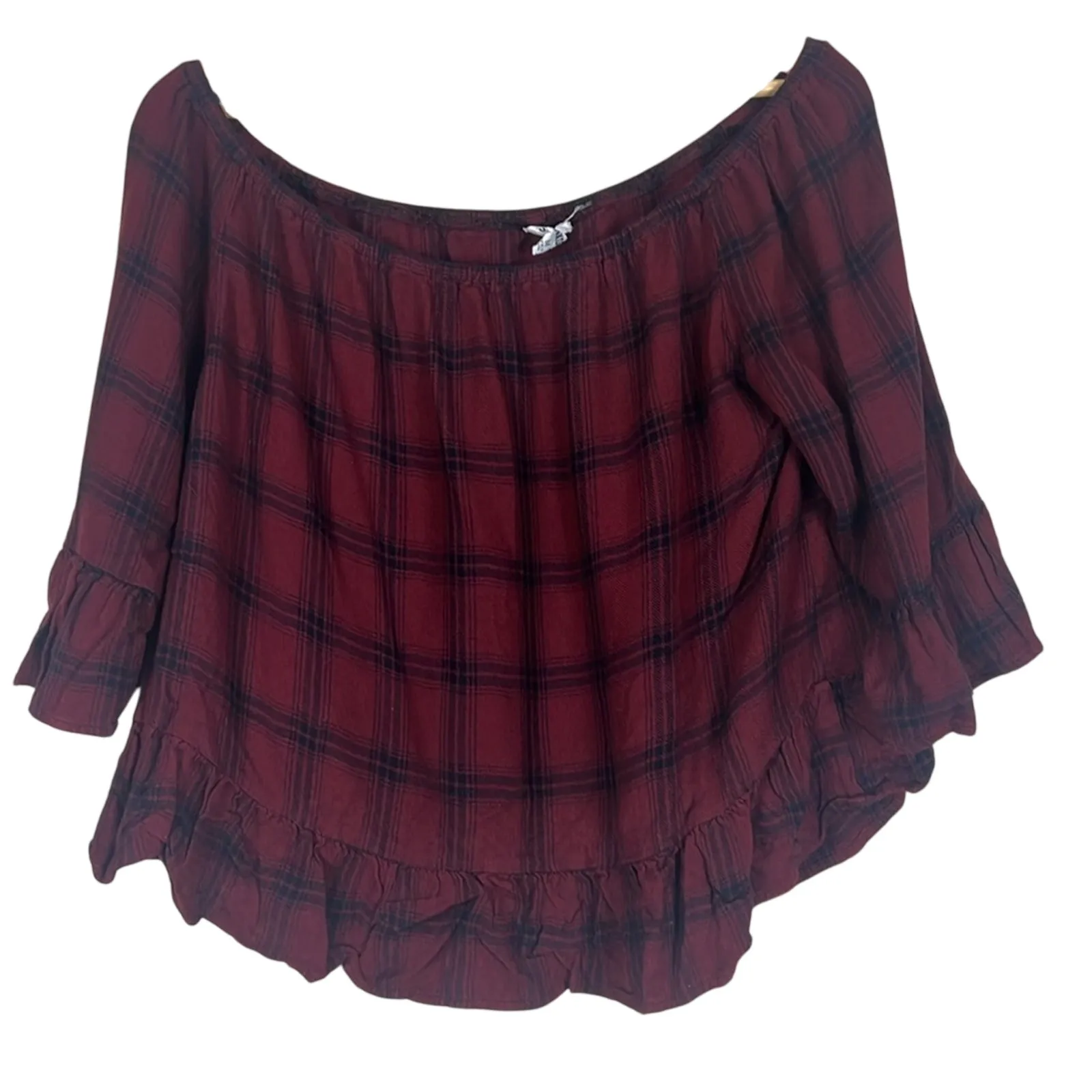 BB Dakota Laurian Off-Shoulder Top in Bordeaux Red Womens M Plaid Country Hippie - Image 3