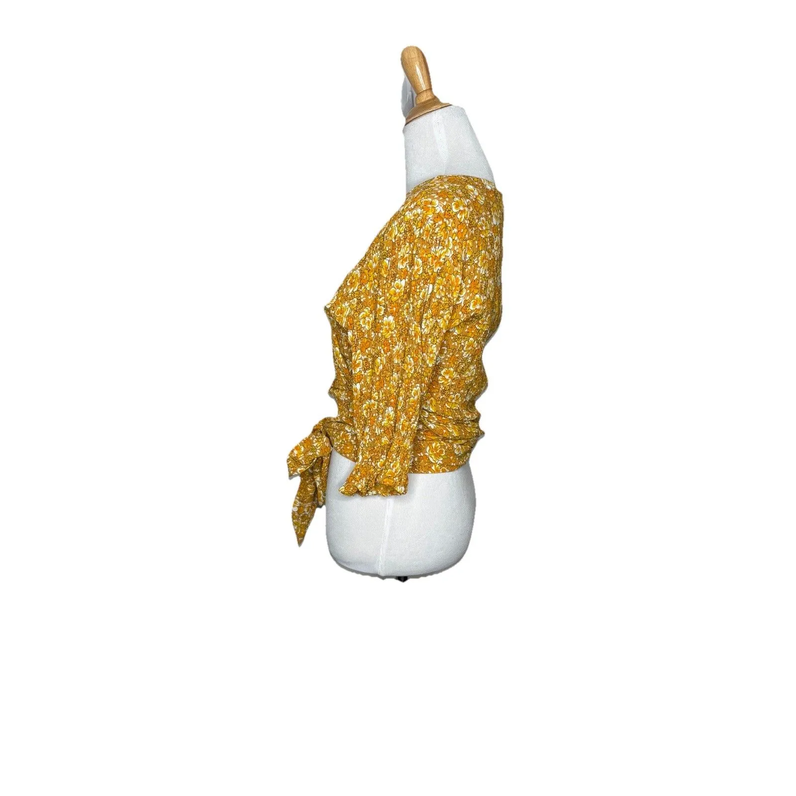 Faithfull The Brand Mali 100% Rayon Yellow Floral Wrap Crop Top US Size 8 - Image 2