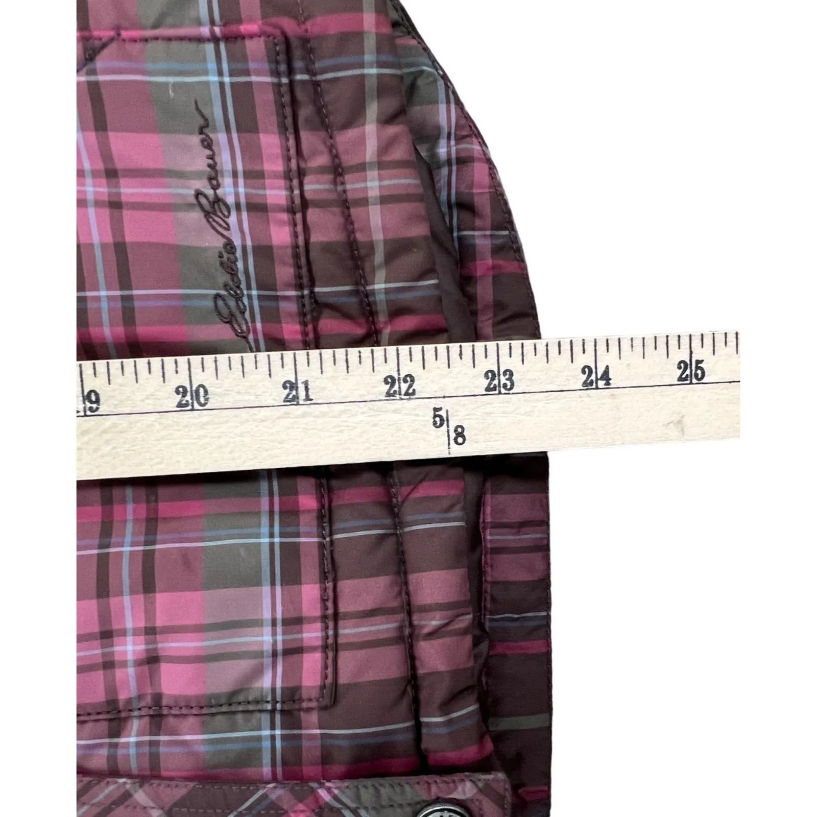 Eddie Bauer Goose Down Puffer Vest Womens M Pink Brown Plaid Preppy Gorpcore - Image 11