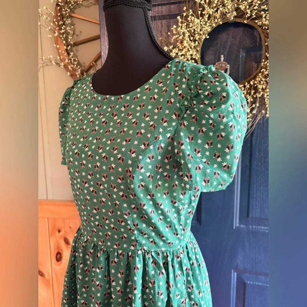 Alice Moon Green Puff Sleeve A-Line Mini Dress Owl Print size Small. - Image 2