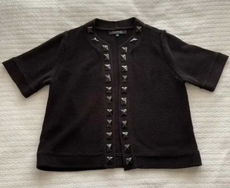 PXL Evan Picone Black Beaded Open-Front Short-Sleeve Cardigan - Image 1