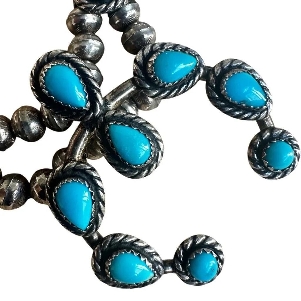 Vintage Navajo Sterling Silver & Turquoise Squash Blossom Necklace – Hand - Image 7