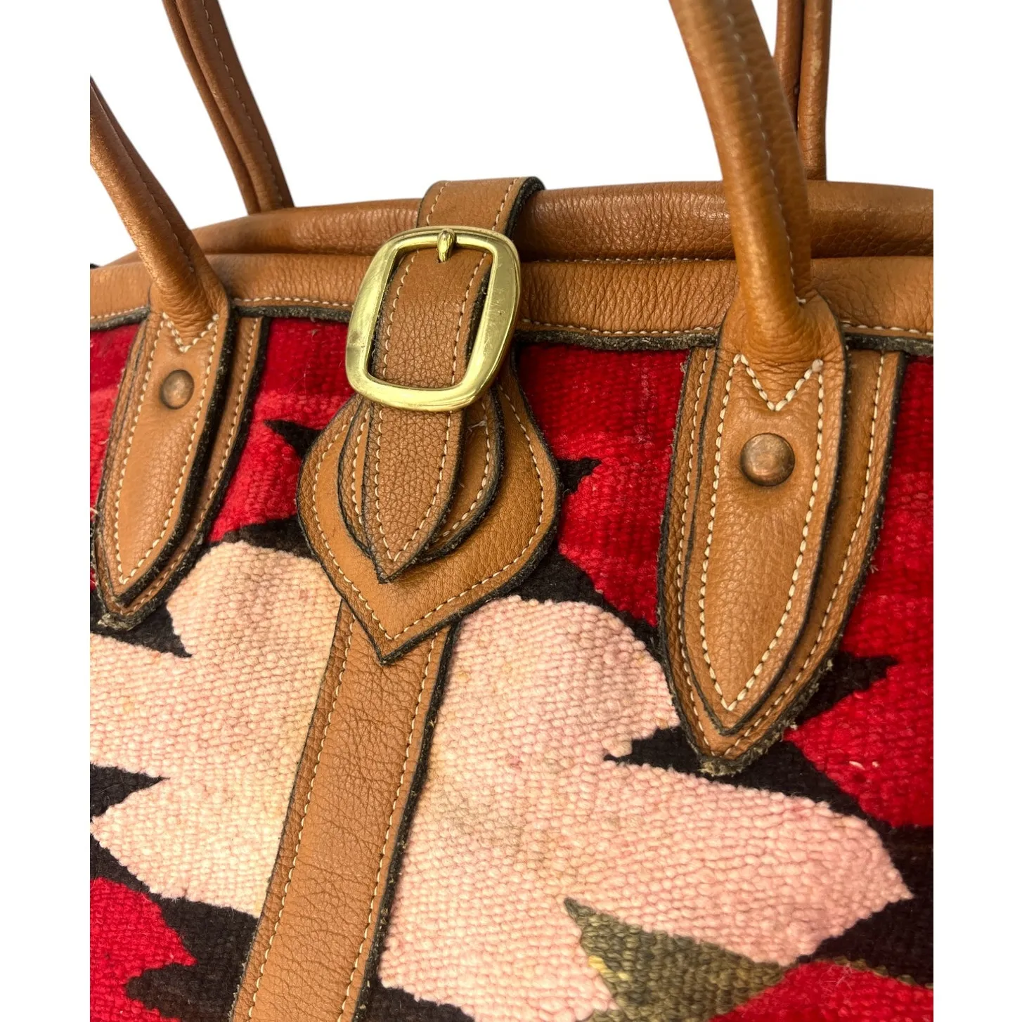 Large Artisan Wool Kilim Rug Leather Native Western Tote Overnight Market Bag - Image 6