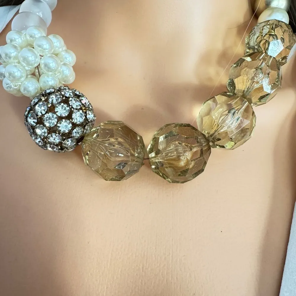 ZARA  Gold and Cream Statement Necklace with Crystal Accents - Image 2