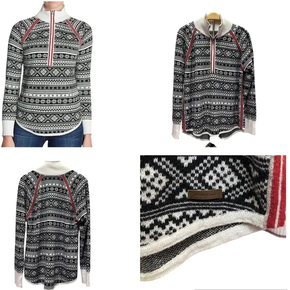 Eddie Bauer Nordic Print Quarter Zip Black Cream White and Red Sweater Womens XL - Image 2