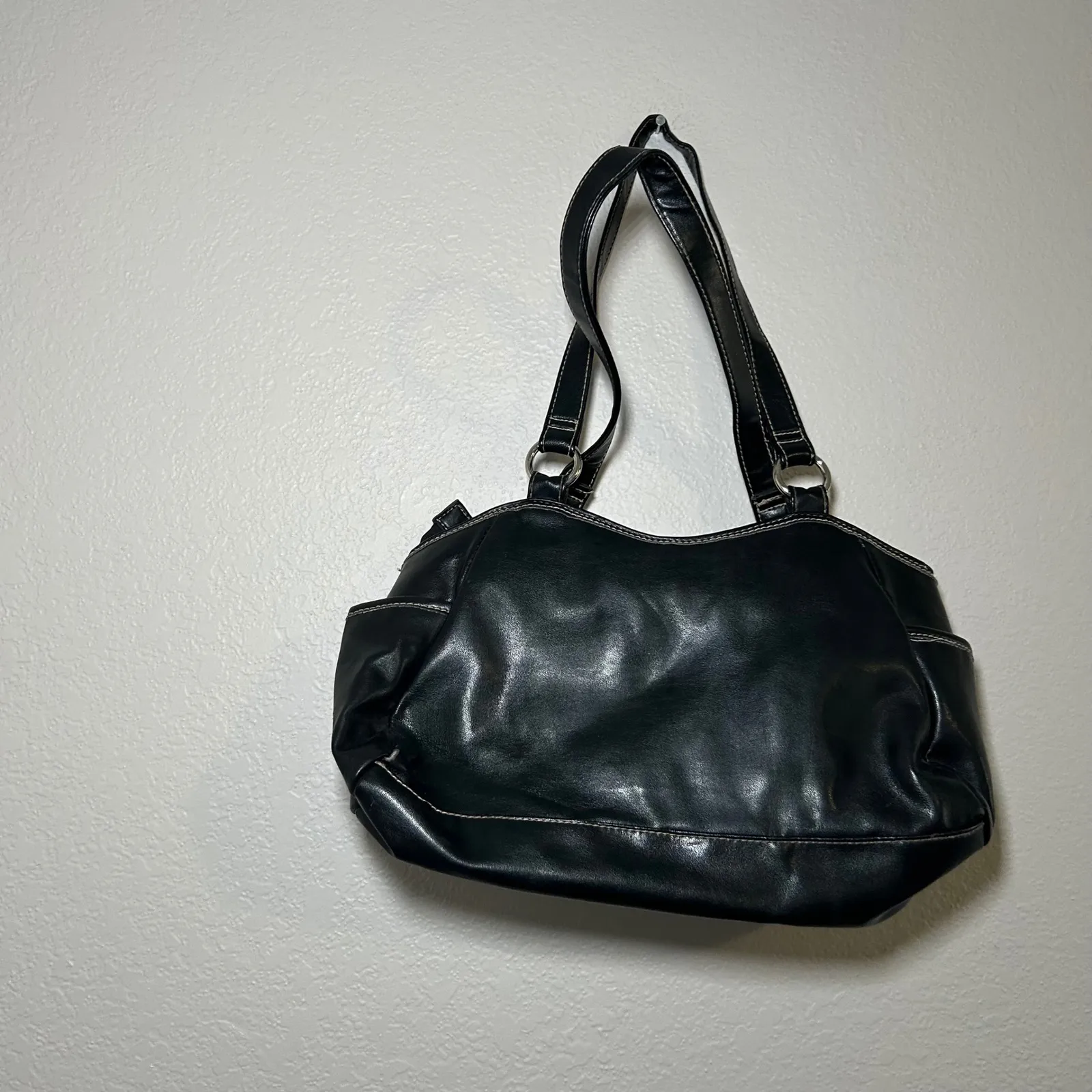 Black Faux Leather Shoulder Bag Silver Buckle Detail minimal classic everyday - Image 5