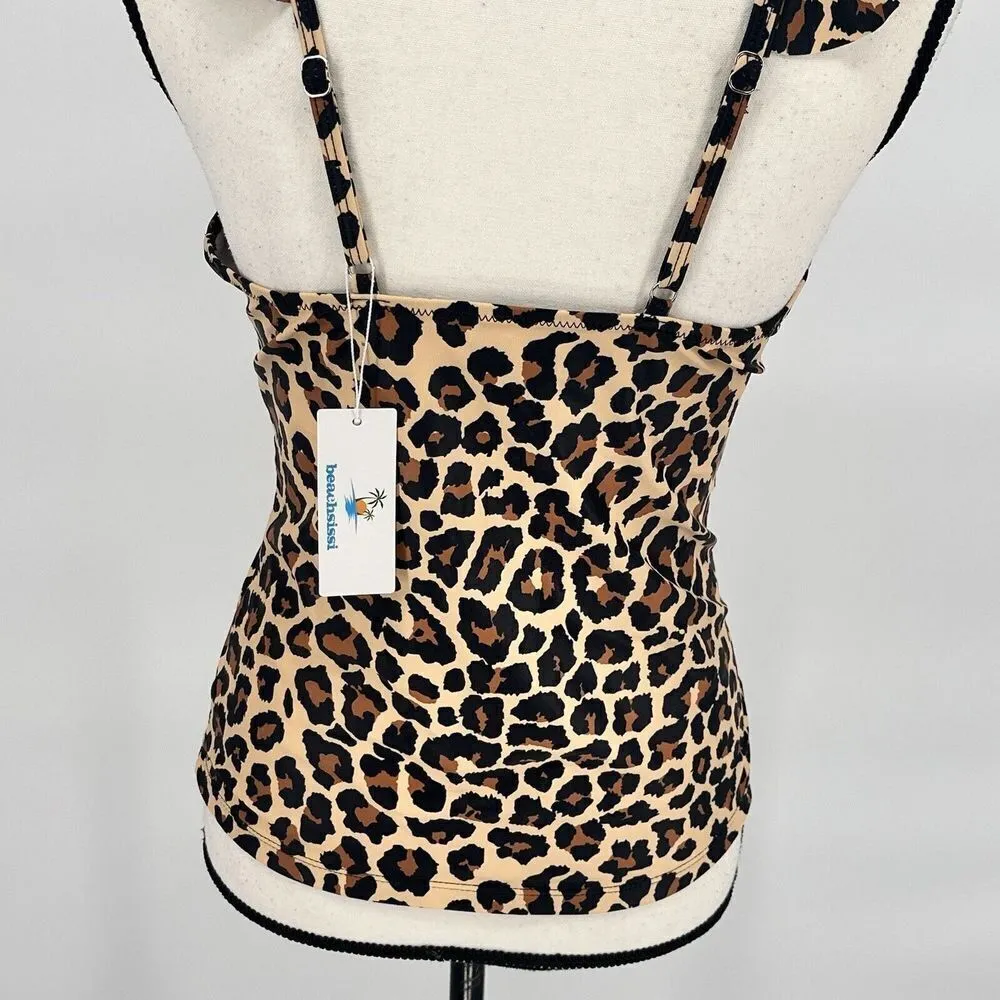 Leopard‎ Ruffle V Neck Tummy Control Tank Swimsuit Size Medium - Image 9
