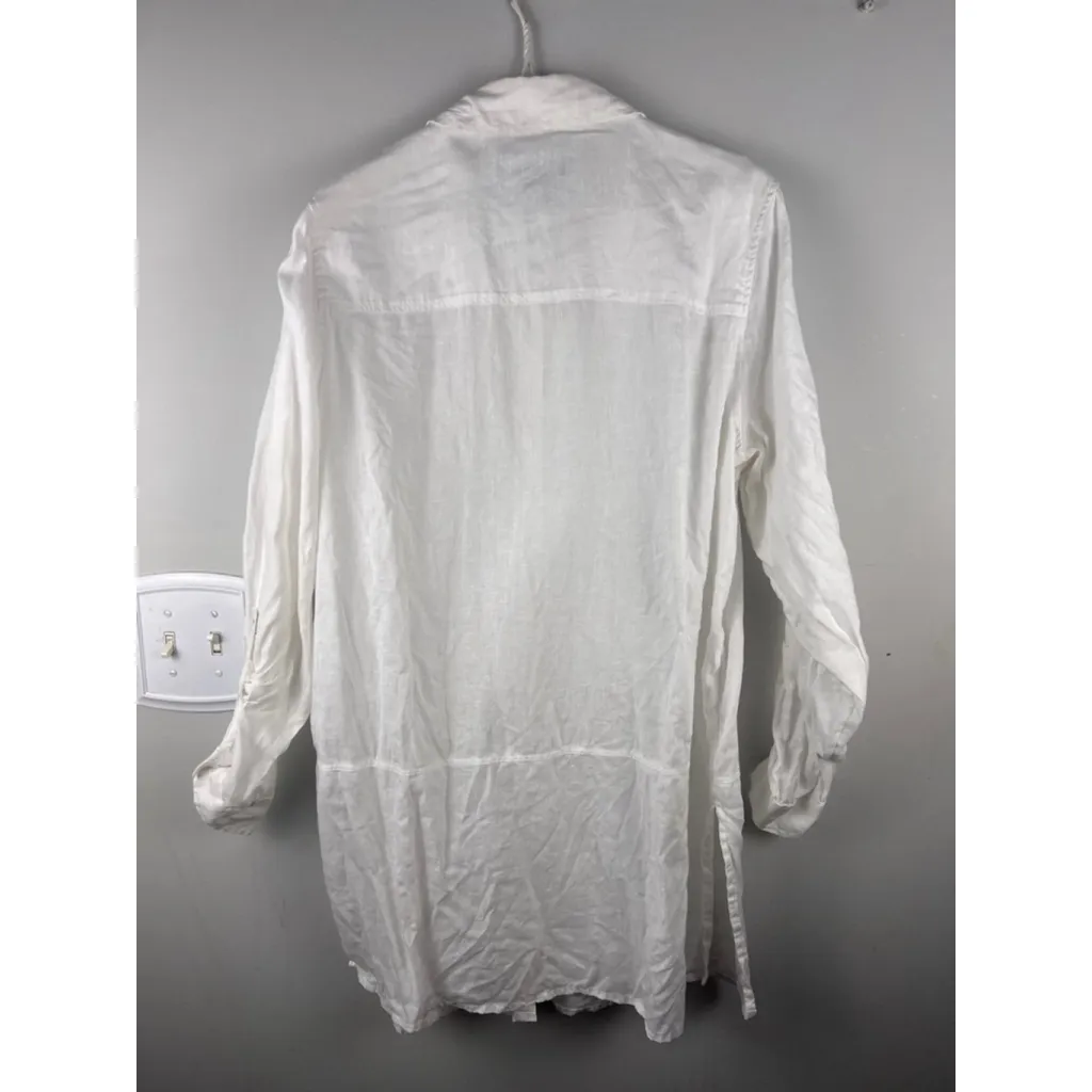Tahari White 100% Linen Button Front Tunic Shirt Dress Tie Sleeves M Coastal - Image 6