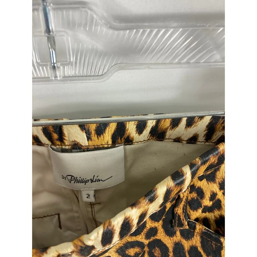 3.1 Phillip Lim Lamb Leather Skinny Pants Black Brown Leopard Print Size 2 - Image 4