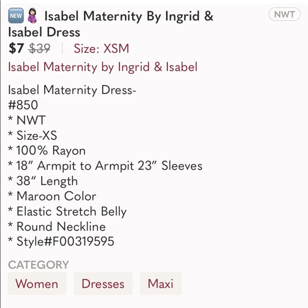 Ingrid & Isabel Wine Maroon Maternity Round Neck Dress Sz XS Like New - Image 7