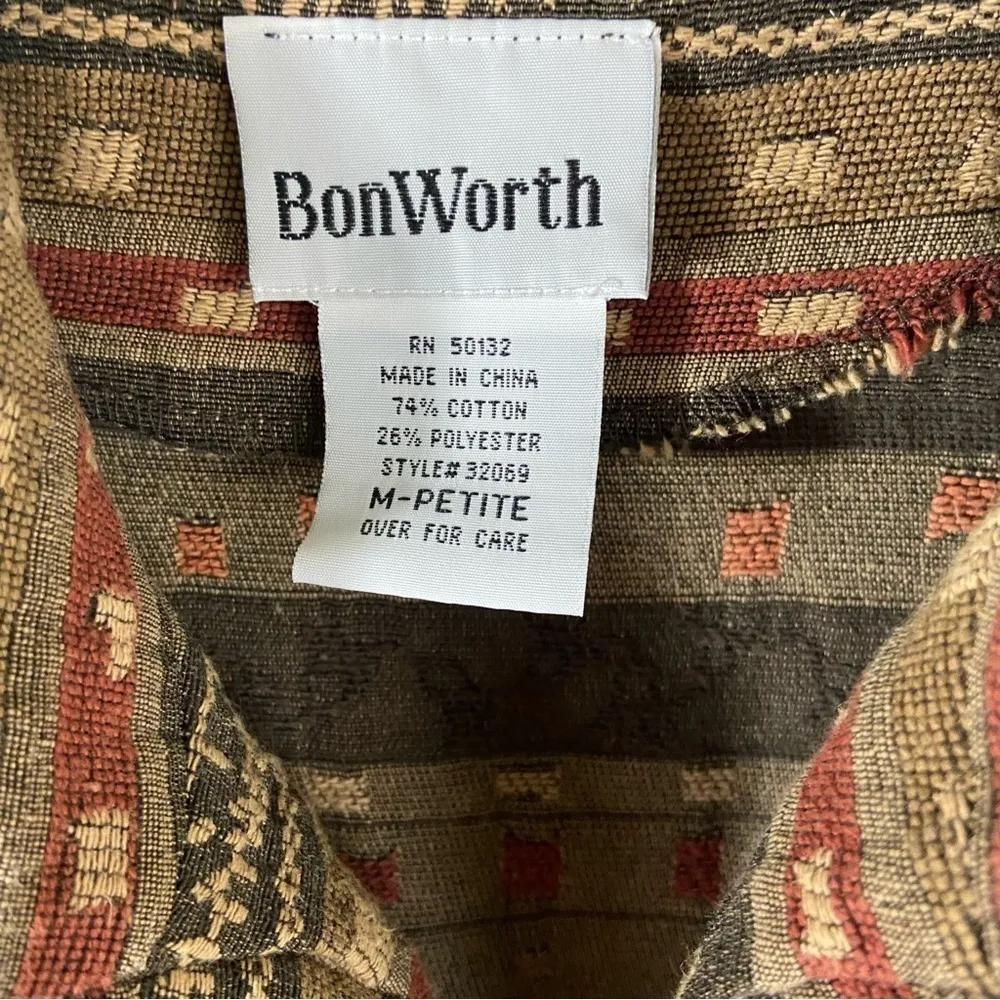 BonWorth Boho Embroidered Open Front Shirt Jacket Southwest Cottagecore Woven Brown Size M - Image 7
