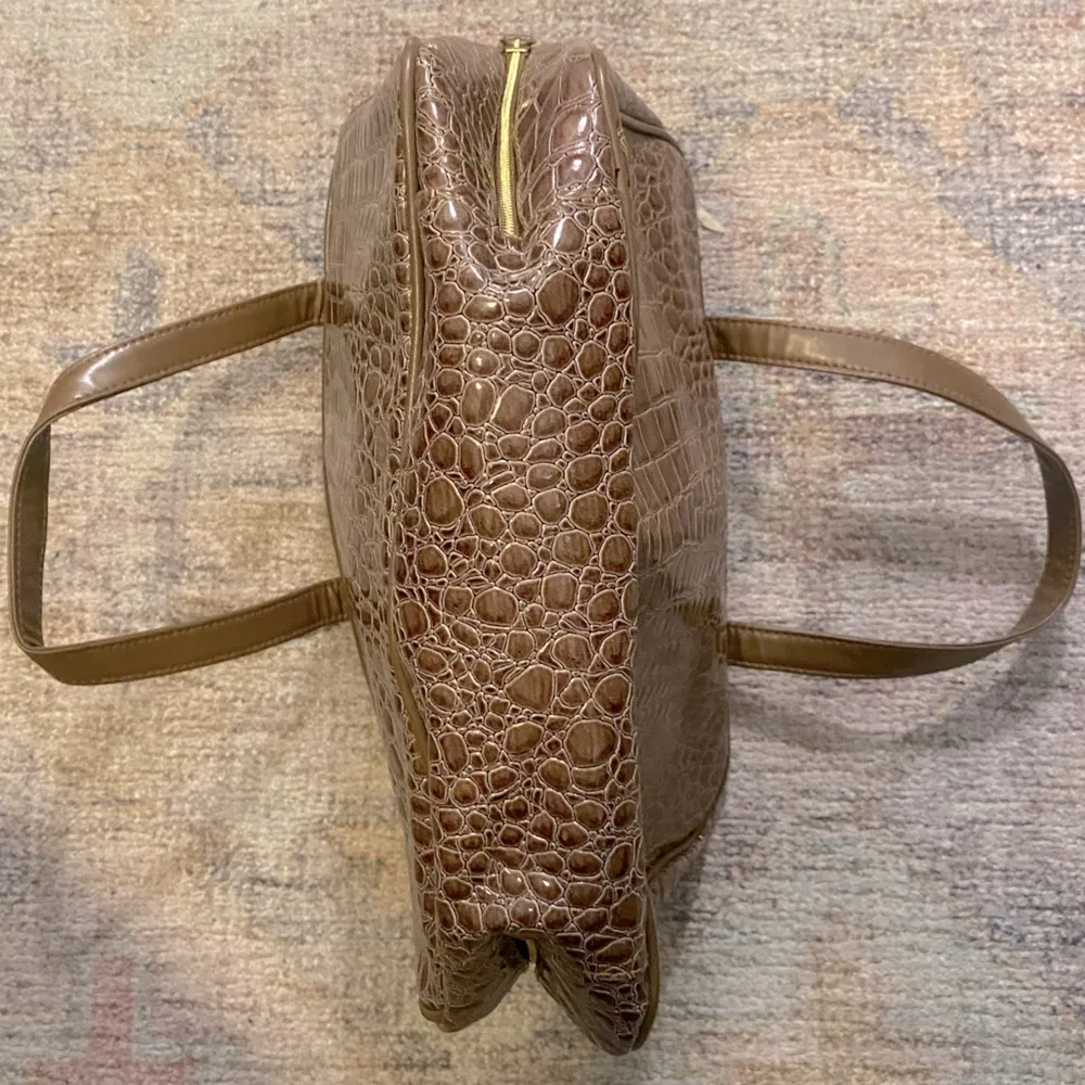 LANCÔME Large Faux Patent Animal Skin Cosmetic/Accessories Bag Brown - Image 6