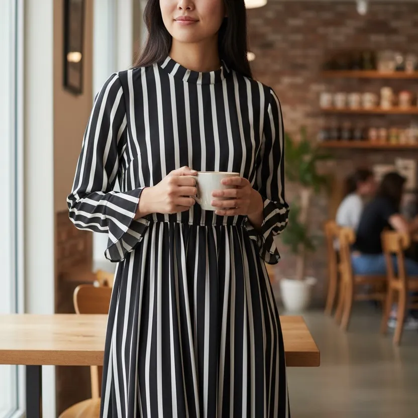 Chic Striped Long Sleeve Dress Black Size XL - Image 2