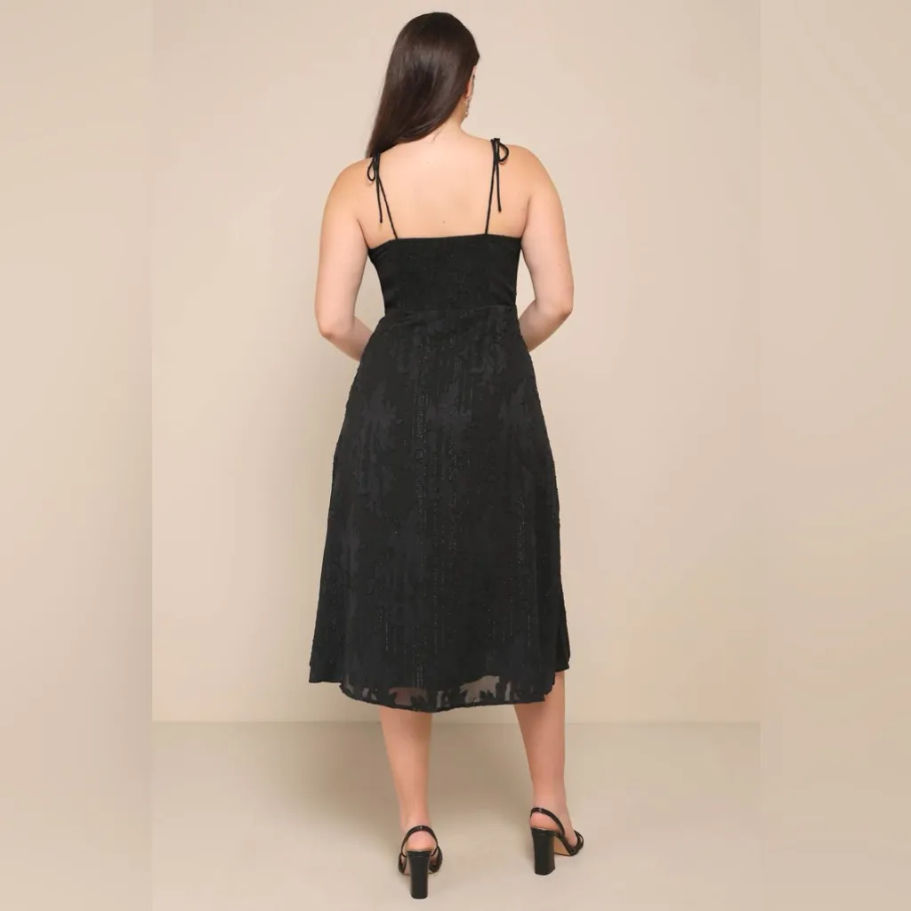 LULU’S Loveliest Looks Black Floral Jacquard Tie-Strap Midi Dress - Image 10